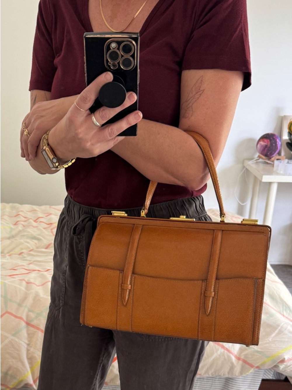 Vintage Lancel Caramel Brown Tan Leather Top Handle Bag 1960s Structured Frame